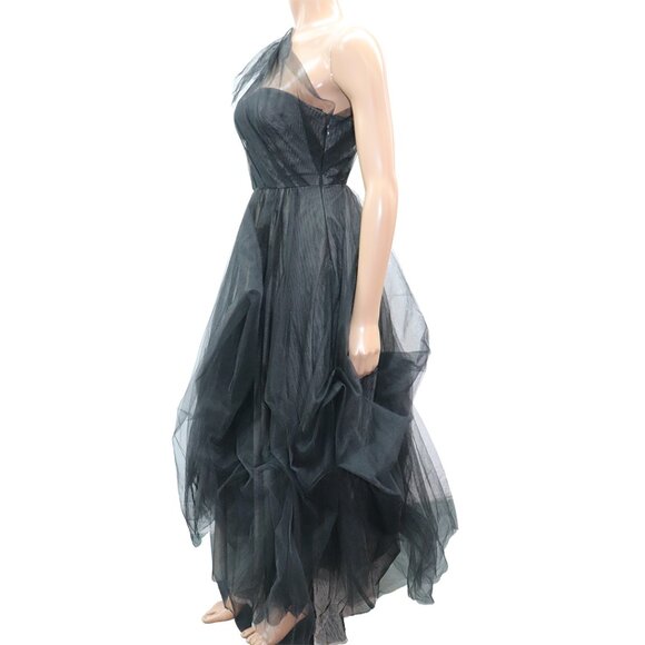 BCBG MAX AZRIA Couture black tulle one-shoulder dress Gown Goth Size 4 - Picture 6 of 8